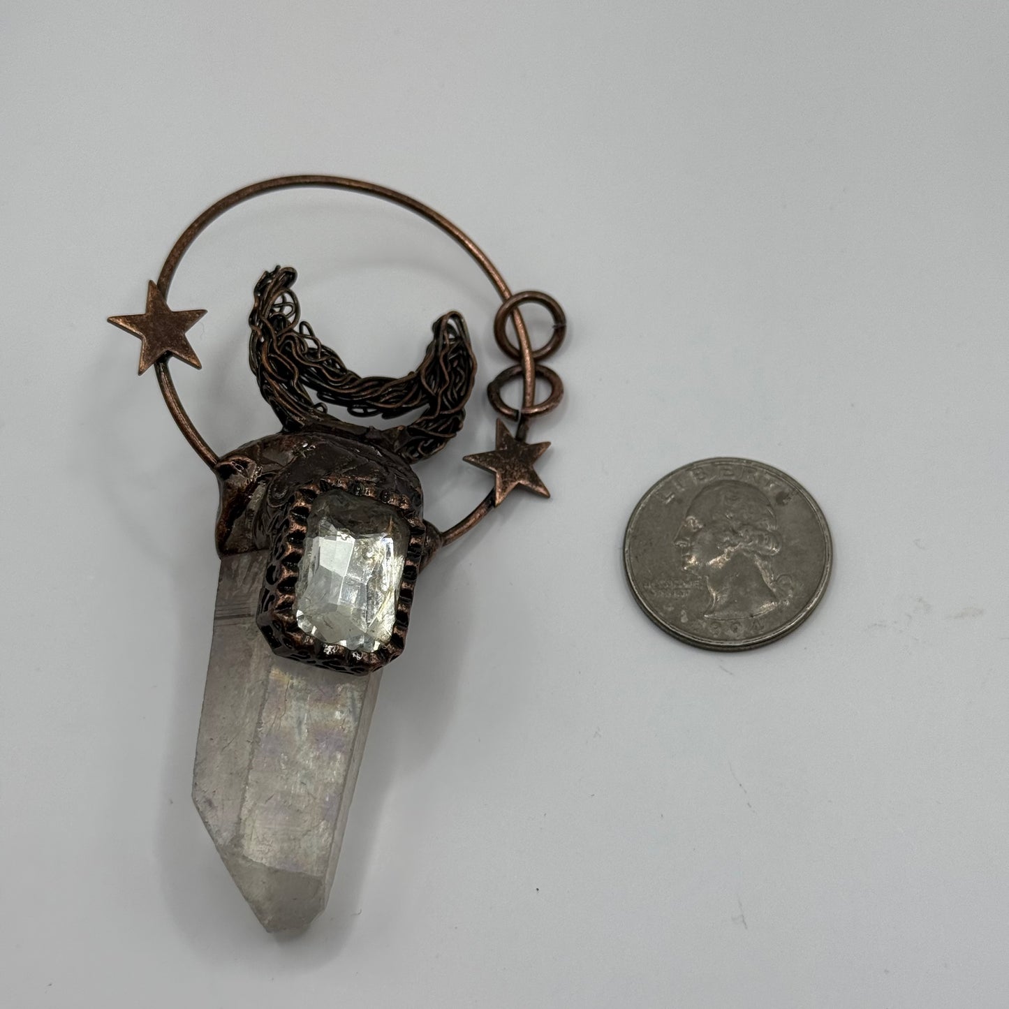 Gemstone Pendant - Copper setting with Moon & Stars and Crystal Quartz
