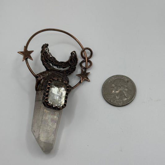 Gemstone Pendant - Copper setting with Moon & Stars and Crystal Quartz