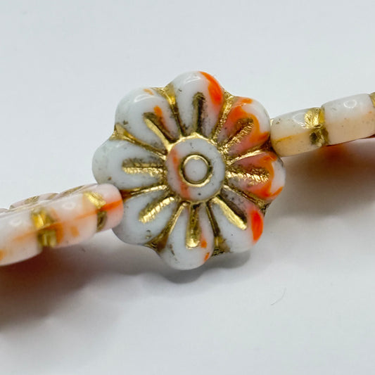 Czech Glass - White & Orange Flowers (6pcs)