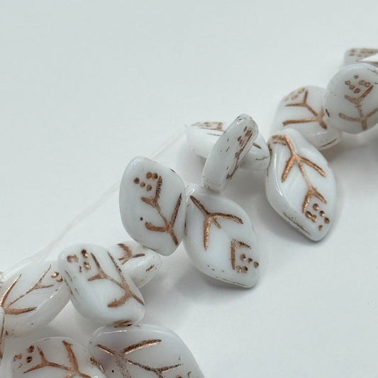 Czech Glass - White & Copper Leaves
