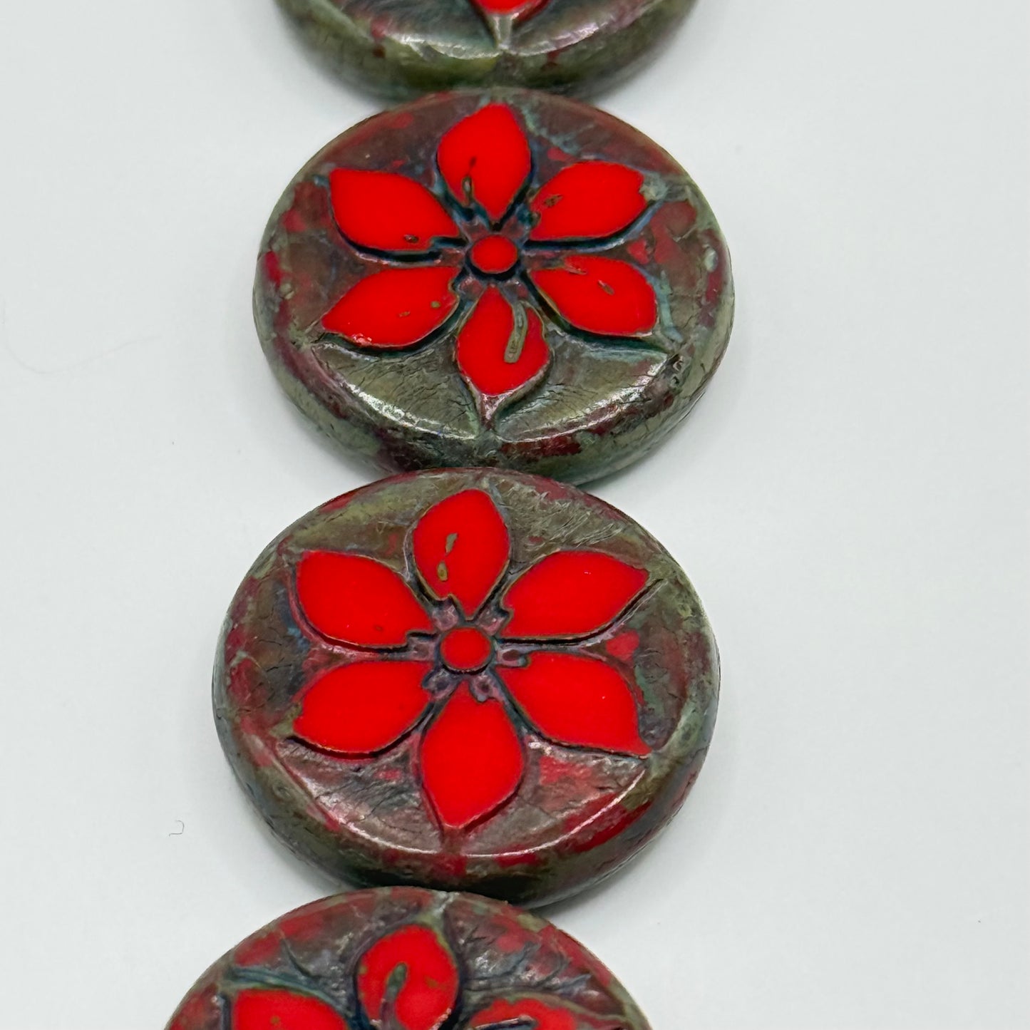 Czech Glass - Red Flower Petal Coin (5pcs)