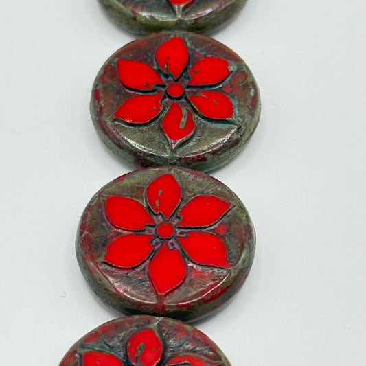 Czech Glass - Red Flower Petal Coin (5pcs)