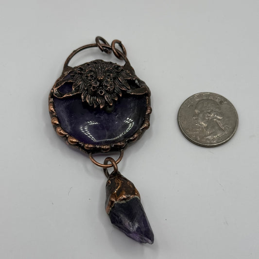 Gemstone Pendant - Lion Head Copper setting with Amethyst