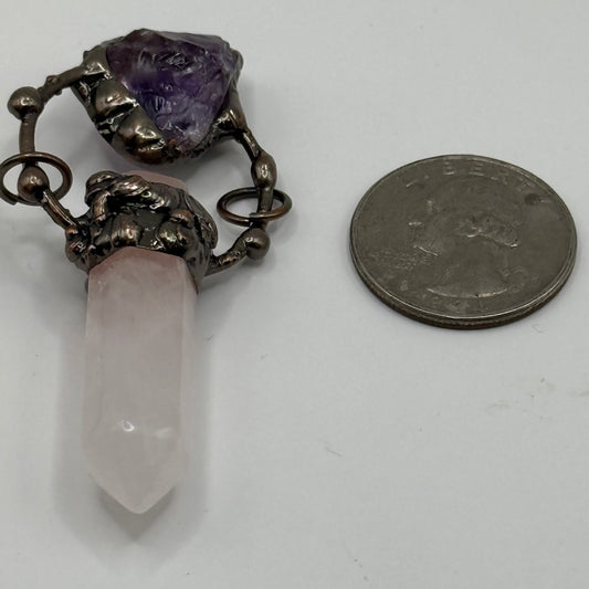 Gemstone Pendant - Copper setting Rose Quartz Point with Amethyst