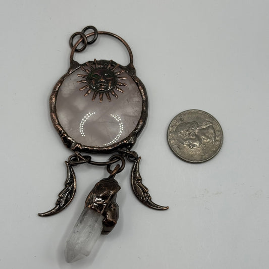 Gemstone Pendant - Sun and Moon Copper setting with Rose Quartz and Clear Quartz